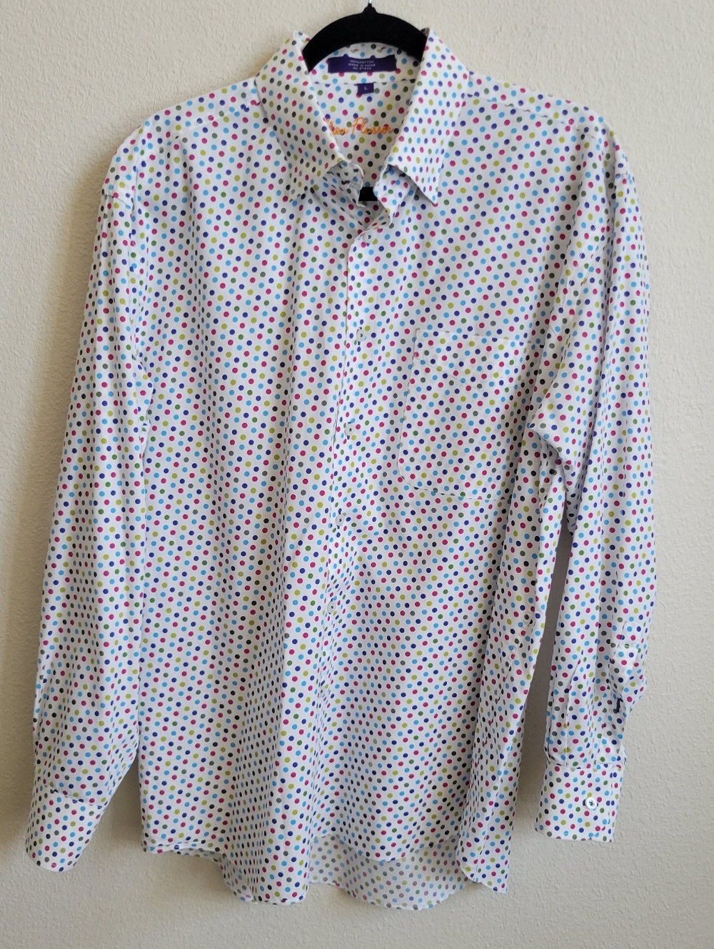 Alan Flusser Men's White Multicolor Polka Dot Long Sleeve Dress Shirt Large.
